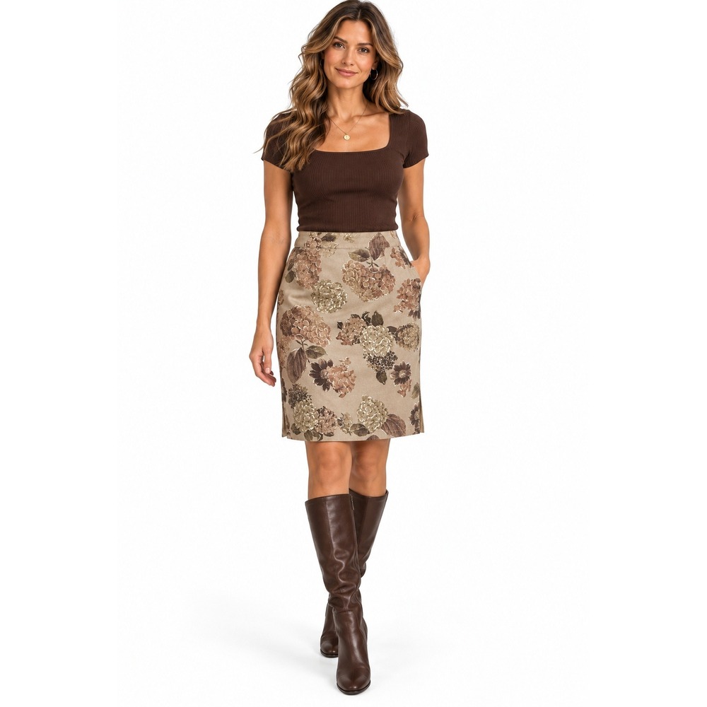 Y2K Liz Claiborne Lizwear Women Floral Hydrangea Pencil Skirt Tan Brown Size 12